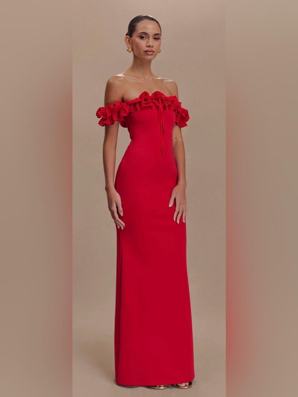 MESHKI - Nova Ruffle Off Shoulder Maxi Dress - Ruby